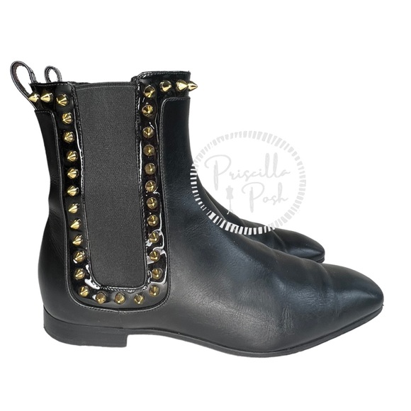 Christian Louboutin Black Leather Studded Red Sole Chelsea Boots Ankle Booties - Picture 5 of 13